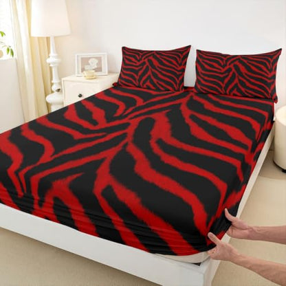 Black Red Zebra Print Fitted Sheet for Twin Bed - Deep 16" Pocket, Kids Bedding