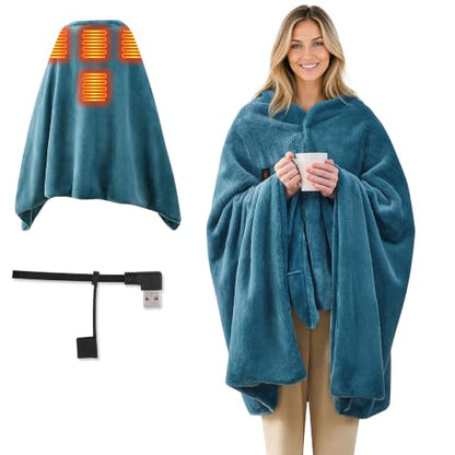 Dusty Blue Heated Faux Rabbit Fur Wearable Blanket with USB & Type-C
