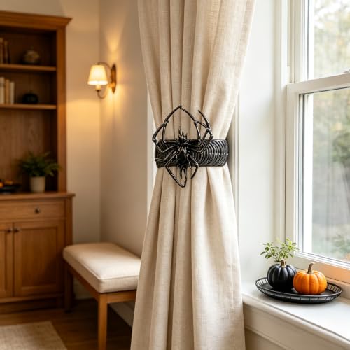 Halloween Spider Curtain Tiebacks - Black Gothic Decor with Spider & Diamond - Gun Black Variation