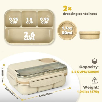 danliar Bento Lunch Box for Kids, Wheat Straw 5.5 Cups Leakproof Adult Bento Box with 2 Sauce Jars, 4 Compartments Lunchable Snack containers, Utensils, Microwave & Dishwasher Safe (Wheat Straw Beige)