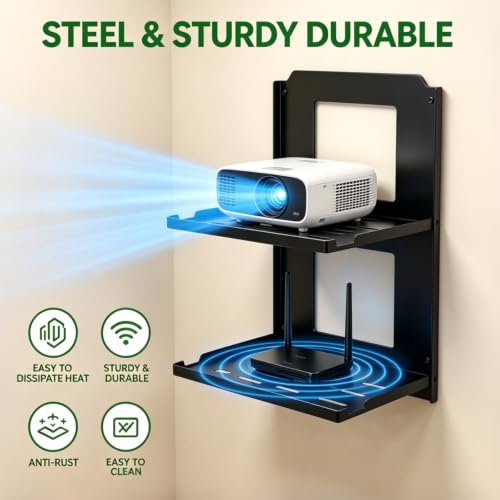 2‑Tier Foldable Wall Mount Router Shelf - Black Metal, 10" Wide