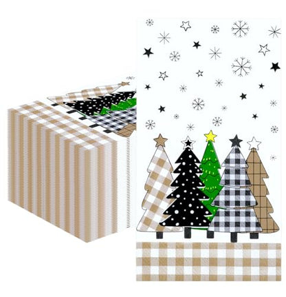 50 Pieces Christmas Tree Paper Napkins - 3-Ply Gingham Holiday Disposable Hand Towels
