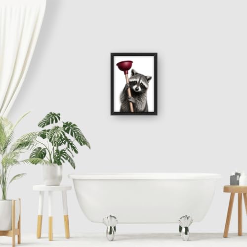 Bathroom Raccoon Wall Art Decor - 16x12 Inches Wooden Framed Canvas