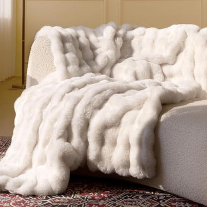 Cream White Faux Fur Throw Blanket 50x60 Plush Fuzzy Bubble for Sofa & Bedroom
