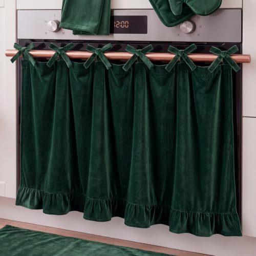 Velvet Oven Skirt Curtain Cover - Olive Green, 30x22in, Ruffled Kitchen Decor