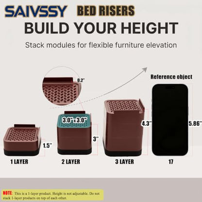 Stackable Adjustable Heavy Duty Bed Risers for Sofa and Furniture - 1.5/3/4.3 Inch