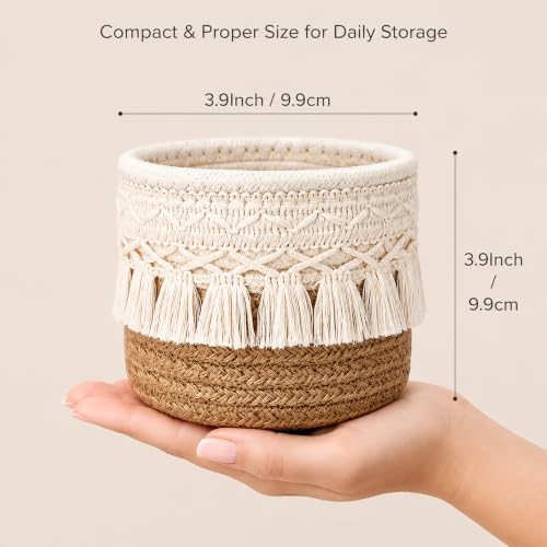 Mini Boho Macrame Cotton Woven Storage Baskets Set of 2 - Foldable Makeup & Home Organizer