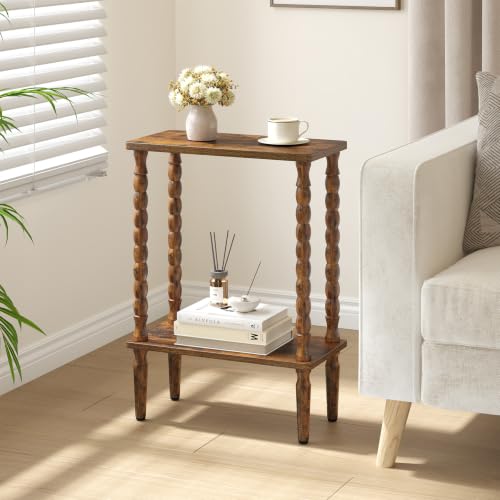 Brown Narrow 2-Tier Side Table with Solid Wood Legs - Small End Table