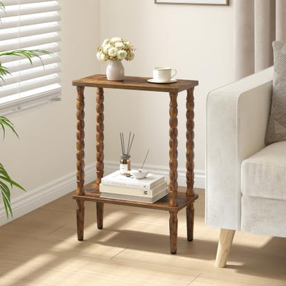 Brown Narrow 2-Tier Side Table with Solid Wood Legs - Small End Table