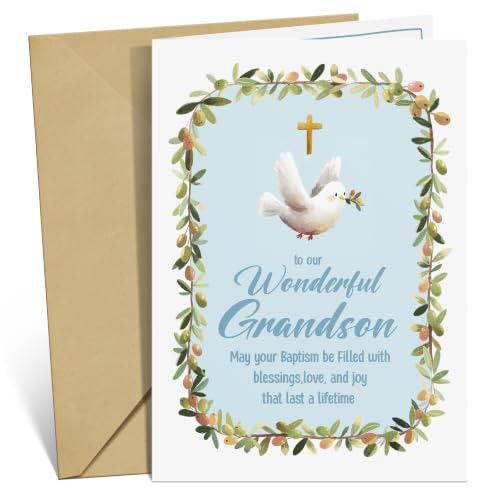 Grandson Baptism Card with Envelope - Christening Greeting Card 5x7 inches
