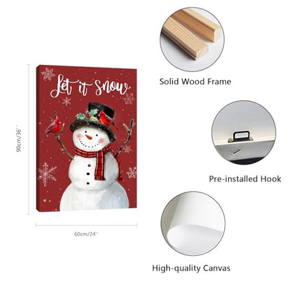 Snowman Christmas Wall Art Let It Snow Red Canvas 24x36 Inches - Holiday Decor