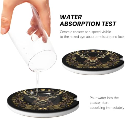 RIWOBI Deer Moon Car Coasters for Cup Holders - Blue Absorbent Ceramic Set