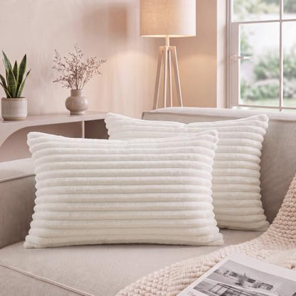 Queen Size Faux Fur Pillowcases Set of 2 - Ivory White Plush Pillow Covers