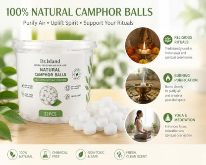 Natural Camphor Balls for Aromatherapy Pooja Rituals and Odor Elimination - 70g 32pcs