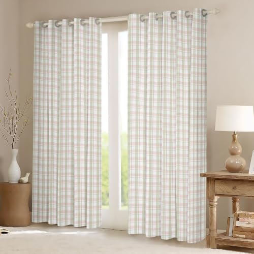 Pink Sage Gingham Blackout Curtains 76W x 45L Inch for Kids & Bedroom - White Pink Sage