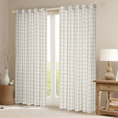 Pink Sage Gingham Blackout Curtains 76W x 45L Inch for Kids & Bedroom - White Pink Sage