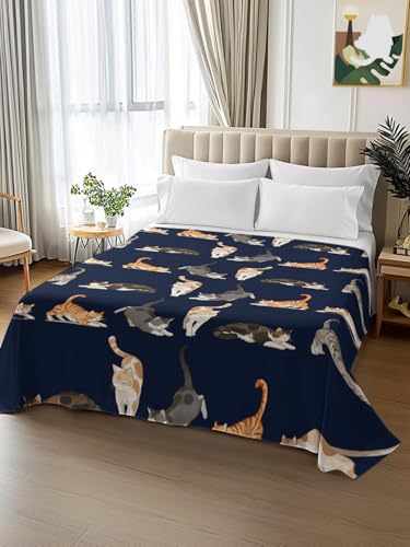 Twin XL Flat Sheet - Cartoon Cats Microfiber Bed Sheets in Yellow Cream Brown Variation