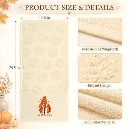 Fall Hand Towels 2 Pack - Beige Maple Leaves Jacquard, Soft Cotton, 29.5 x 13.8 Inches