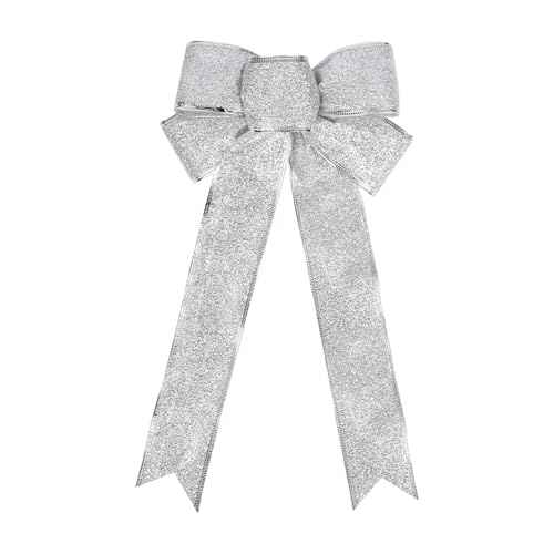 Christmas Bows Glitter Ribbon Bows Silver Bowknot 16¡¯¡¯x7¡¯¡¯ Big Christmas Bows Decor for Christmas Tree Topper Home Front Door Outdoor Xmas New Year Party Supplies