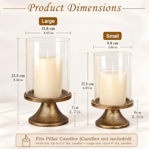 Gold Hurricane Candle Holders Set with Metal Base - Windproof Glass Lanterns for Indoor & Outdoor Decor