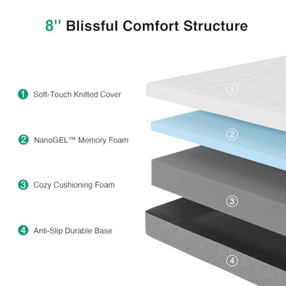 Novilla Bliss Green Tea Memory Foam Twin Mattress, Twin Mattress 10 Inch for Kids for Refreshing Sleep with Cool-Touch Nylon Cover, Zone Support & Pain Relief with CertiPUR-US Certified Foams