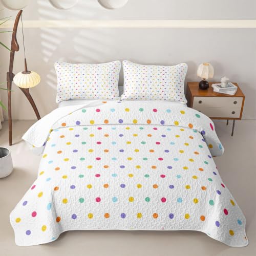 Colorful Full Size Polka Dot Quilt Bedspread Set - 3 Pieces, Rainbow Geometric Bedding