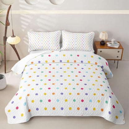 Colorful Full Size Polka Dot Quilt Bedspread Set - 3 Pieces, Rainbow Geometric Bedding