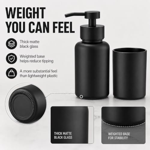 Matte Black Glass Soap Dispenser and Toothbrush Cup Set - Stable, Stylish Bathroom Accessory