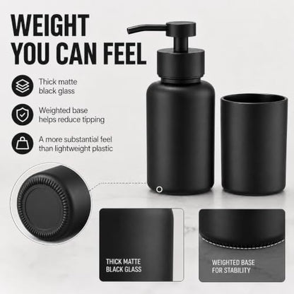 Matte Black Glass Soap Dispenser and Toothbrush Cup Set - Stable, Stylish Bathroom Accessory