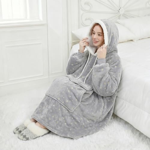 Wearable Blanket Hoodie for Women - Silver Foil Star Oversized Sherpa Pullover