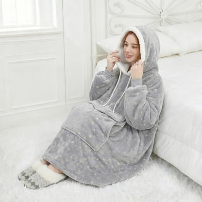 Wearable Blanket Hoodie for Women - Silver Foil Star Oversized Sherpa Pullover