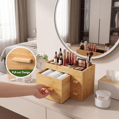 Disposable Face Towel Holder with 3 Drawers - Natural Bamboo Storage Organizer