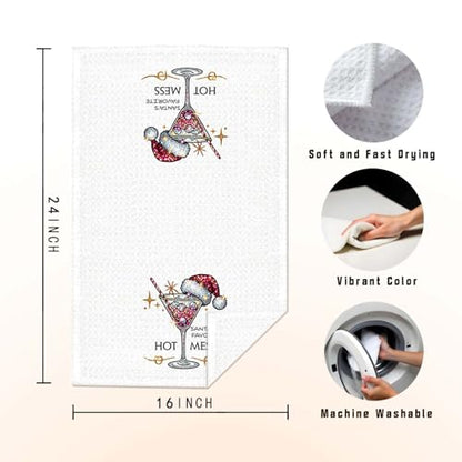 White Christmas Cocktail Kitchen Towels - Santa Hat Martini Glass Decorative Hand Towels, Fun Holiday Dish & Bath Decor, 16x24 Inch - Variation of THIS listing