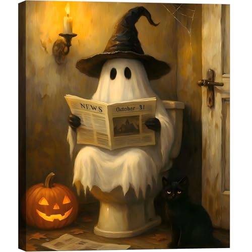 Halloween Ghost Bathroom Canvas Wall Art 8x12 Inches - Spooky Toilet Scene - Dark Halloween Home Decor - Pictures15