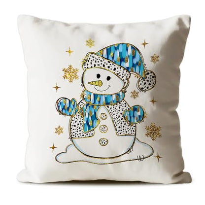 Christmas Snowman Pillow Cover 18x18 - Blue Glitter Winter Decor - Snowman1