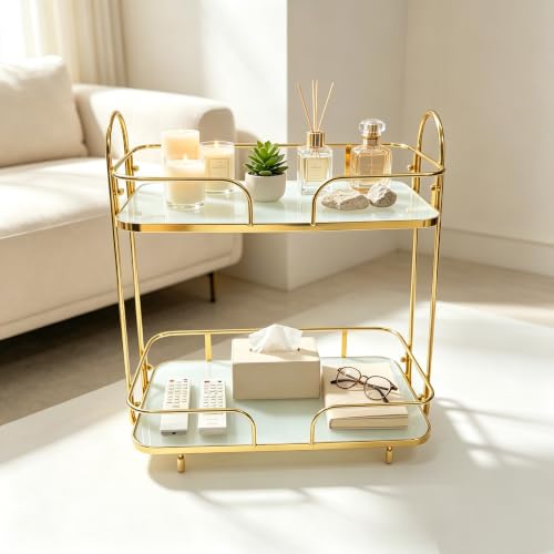 2-Tier Gold Countertop Storage Organizer with Tempered Glass Shelf for Bathroom Kitchen & Bedroom