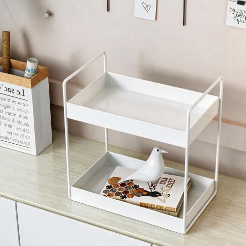 2 Tier Bathroom Counter Organizer Vanity Storage Shelf White - KINGBERWI