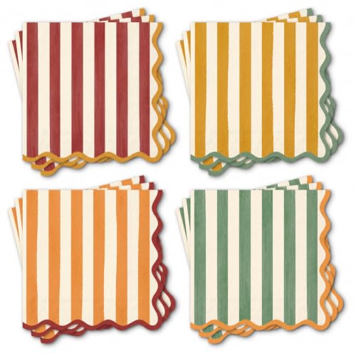 Fall Cocktail Napkins Set 100pcs Vintage Striped Scalloped Edges
