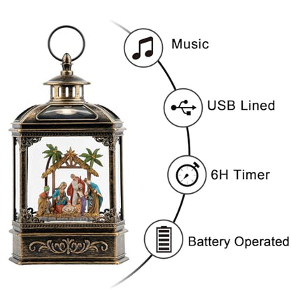10.1-Inch Nativity Snow Globe Lantern with Music & Swirling Glitter - Christmas Decoration Gift