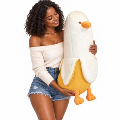 27.5 Inch Banana Duck Plush Pillow - Soft White Stuffed Animal for Hugging and Decor