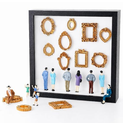 Mini Gold Photo Frame Box Set with 12 Miniature Figurines & DIY Display