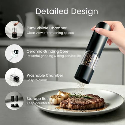 USB Rechargeable Salt & Pepper Grinder Set with Storage Base - Black 2 Pack - Variation 2