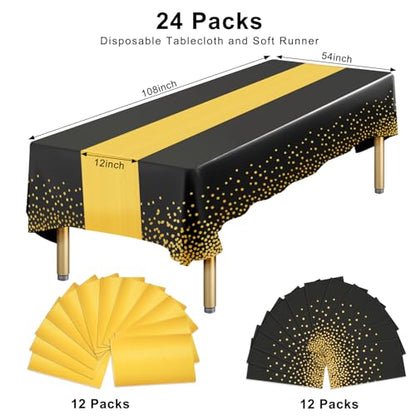 Black and Gold Disposable Plastic Table Cloth & Satin Table Runner Set - 24 Pack