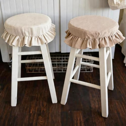 Farmhouse Linen Bar Stool Covers with Ruffles 12/14 Inch Camel - Set of 2