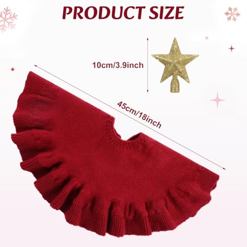 Red Knitted Mini Christmas Tree Skirt 18" with Gold Star Tree Topper - Holiday Decor