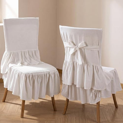 White Ruffled Chair Cover Set with Seat Cushion | Linen Dining Chair Slipcover