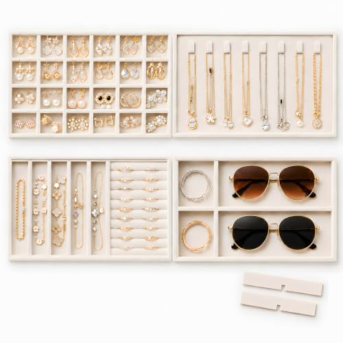 Stackable Jewelry Trays Set of 4 - Drawer Organizer for Earrings, Rings, Necklaces