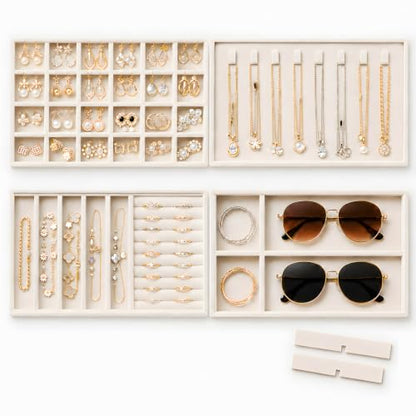 Stackable Jewelry Trays Set of 4 - Drawer Organizer for Earrings, Rings, Necklaces