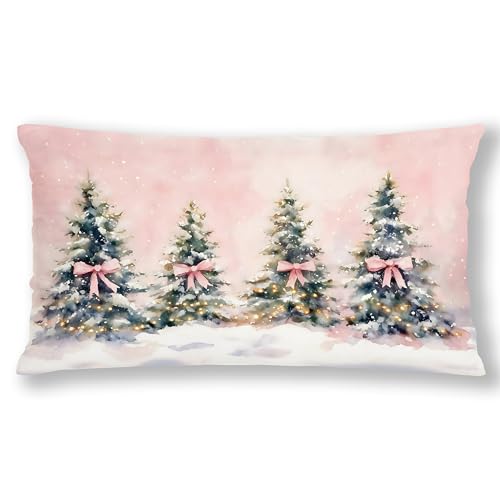 Christmas Tree Coquette Pink Bow Lumbar Pillow Cover 12x20 Pack of 1 - Girly Holiday Decor