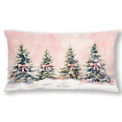 Christmas Tree Coquette Pink Bow Lumbar Pillow Cover 12x20 Pack of 1 - Girly Holiday Decor